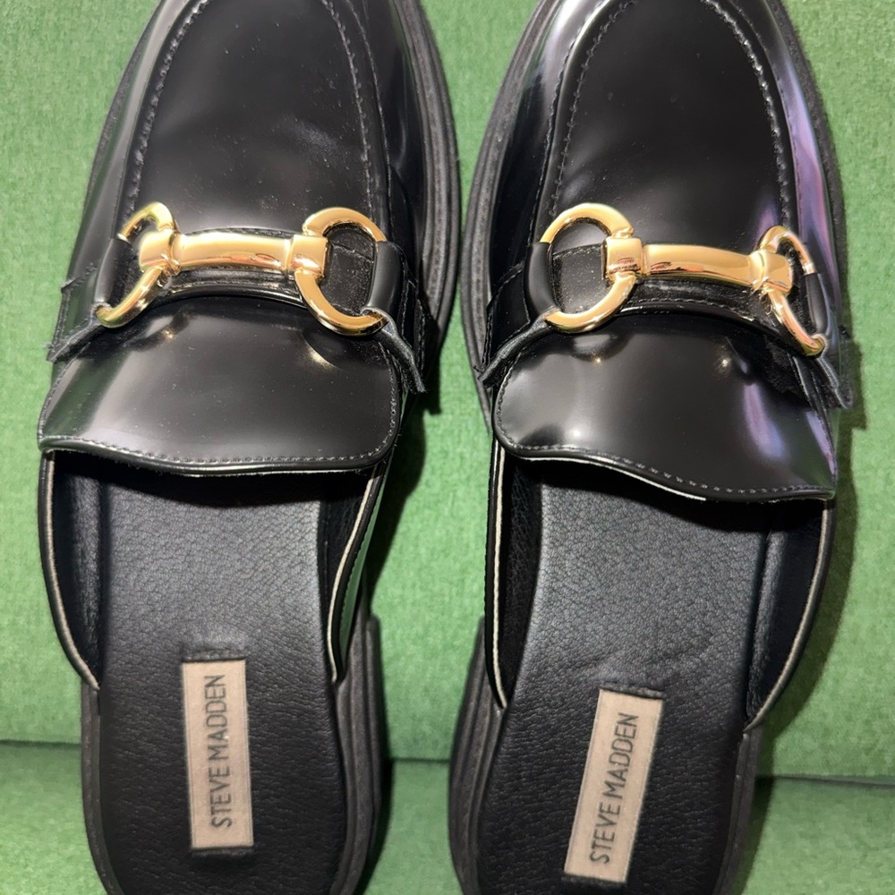 Steve Madden Black Moccasins with Gold Detail